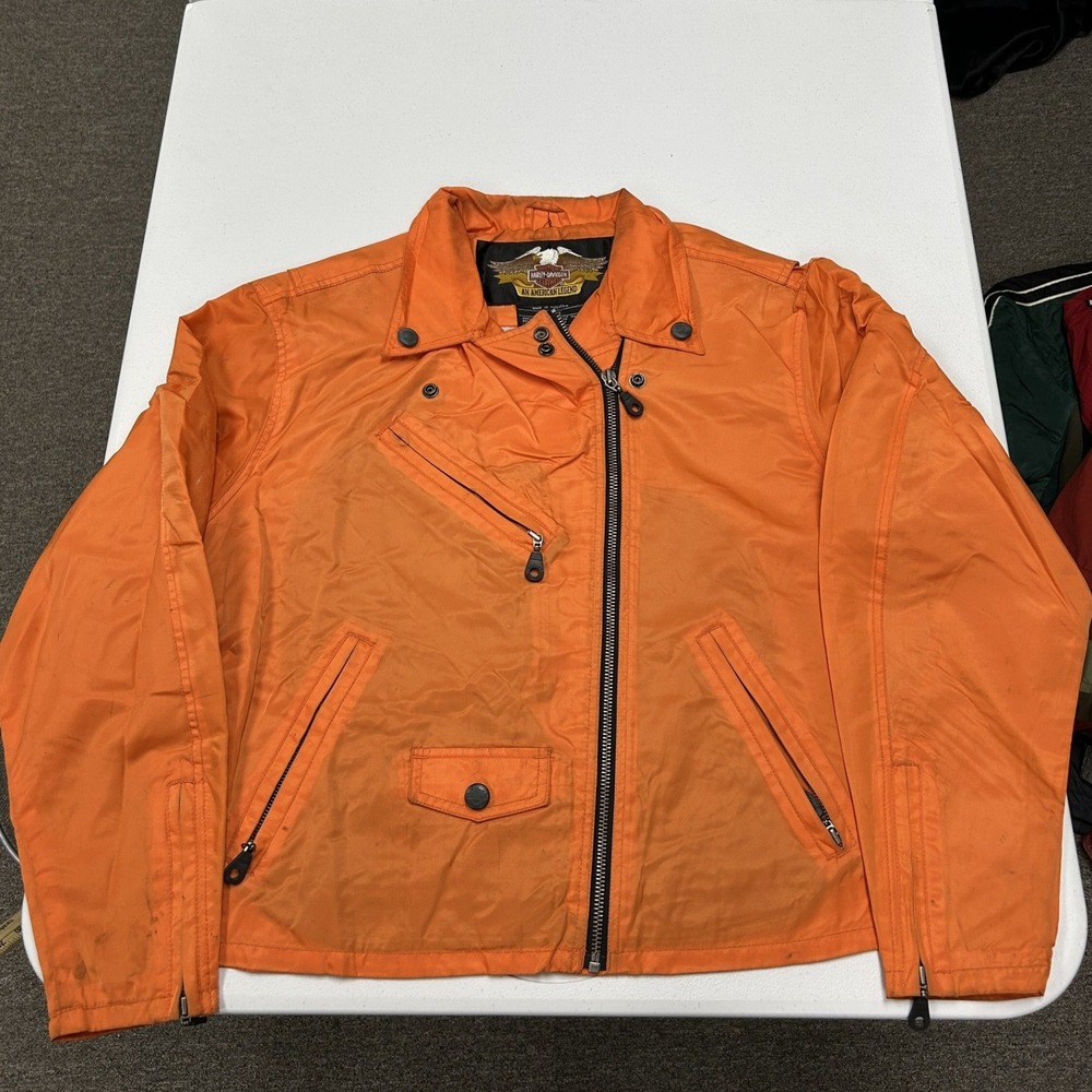 Harley Davidson Nylon Jacket Mens L Orange Biker Moto Asymmetrical Zip D2